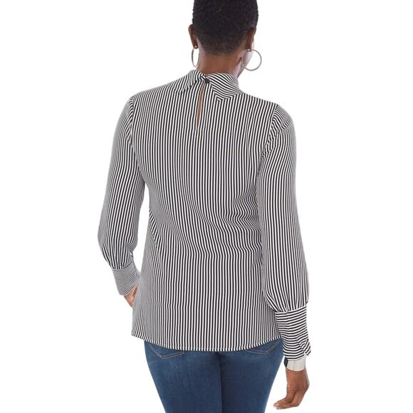 Chicos NWT Black and White Petite Striped Mock Neck Blouse - Picture 2 of 8